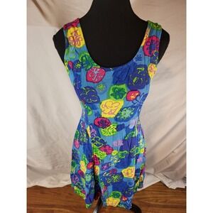 Big Hed Designs Women's Small Blue Spaghetti Strap Knee Length Dress Bright Neon